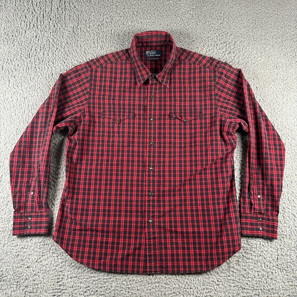 Vtg Polo Ralph Lauren Classic Western Shirt Mens XL Red Black‎ Plaid Pearl Snap